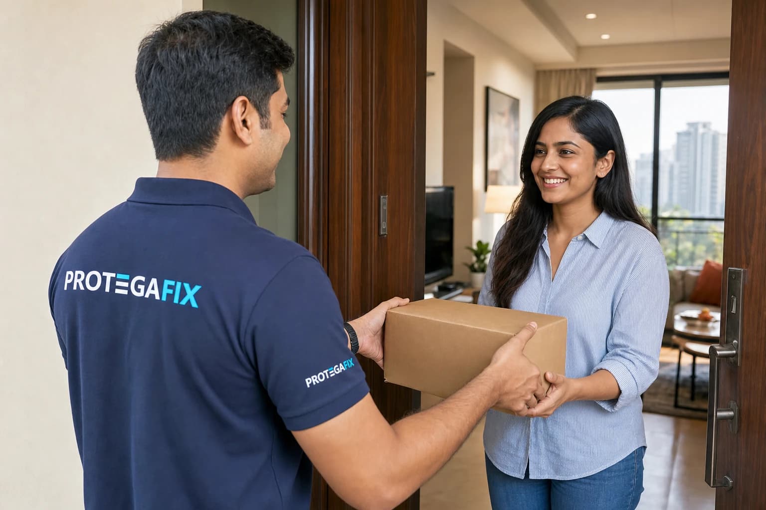 Indian Protega Fix pickup professional handing a secure repair package to a customer at her Mumbai doorstep