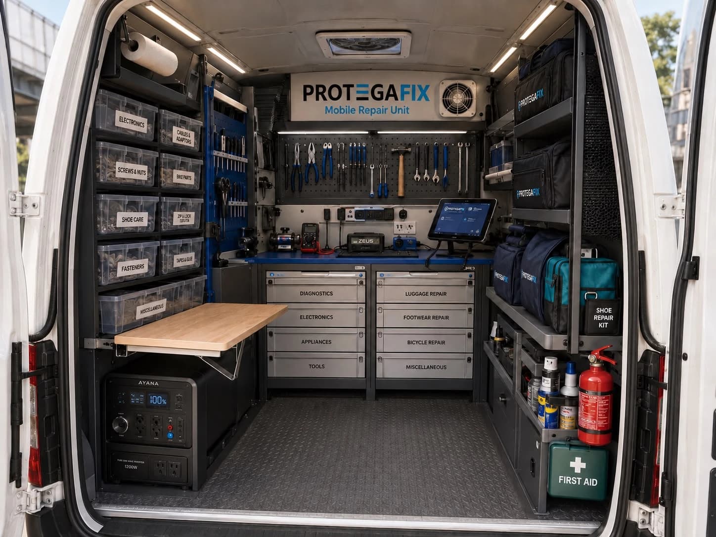 Organised equipment and diagnostic workspace inside a Protega Fix mobile repair van